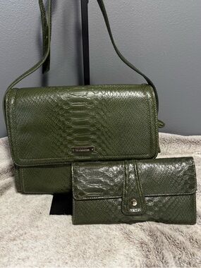 Dark Green Faux Snakeskin Crossbody Bag/Purse & Wallet Set Vtg Boho Western Chic